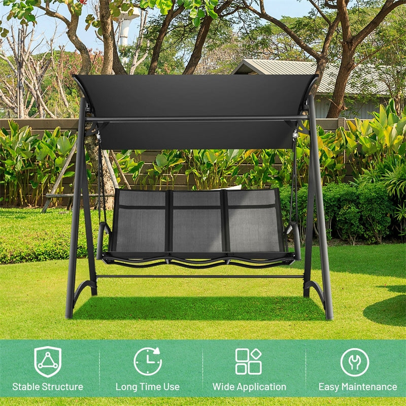 3 Person Outdoor Porch Swing Chair with Adjustable Tilt Canopy and Comfortable Bench Style Seat