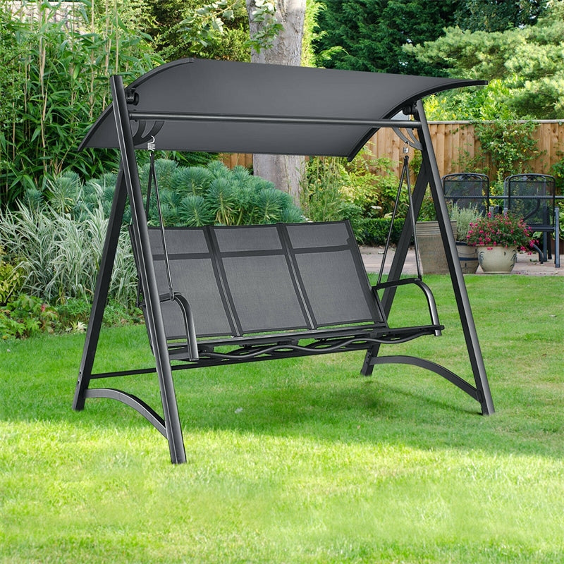 3 Person Outdoor Porch Swing Chair with Adjustable Tilt Canopy and Comfortable Bench Style Seat