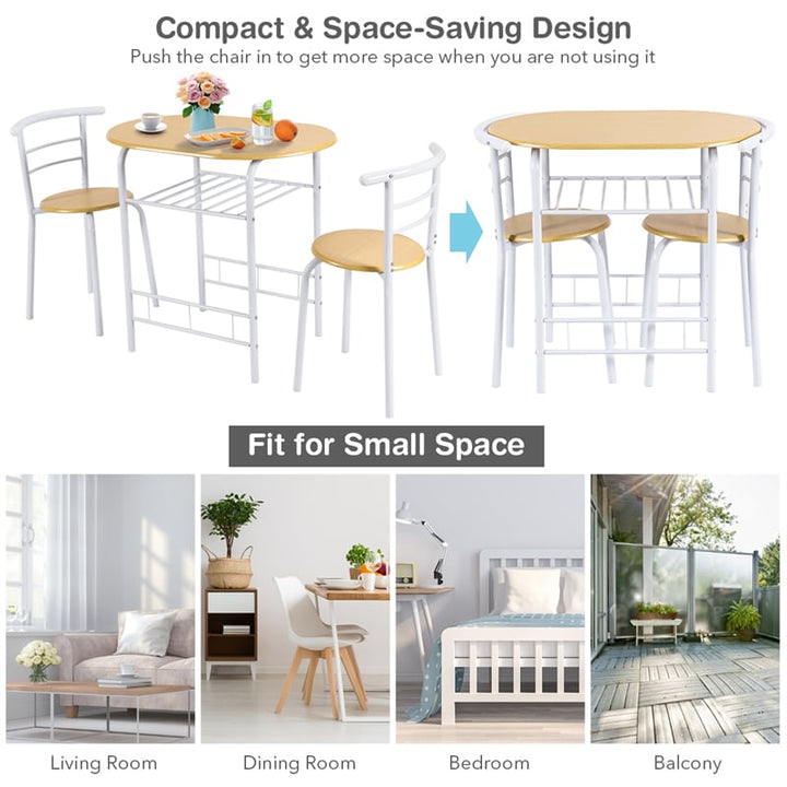 3 Pieces Space-Saver Dining Table Set Bistro Set with Shelf Storage and 2 Chairs