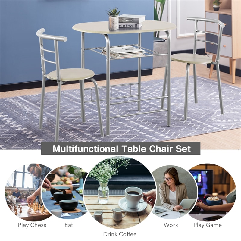 3 Pieces Space-Saver Dining Table Set Bistro Set with Shelf Storage and 2 Chairs