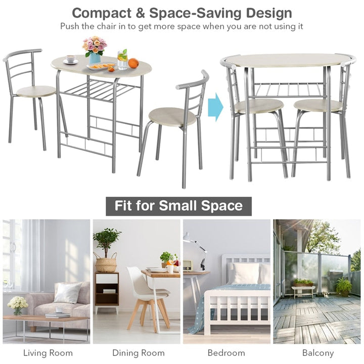 3 Pieces Space-Saver Dining Table Set Bistro Set with Shelf Storage and 2 Chairs