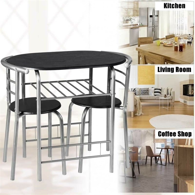 3 Pieces Space-Saver Dining Table Set Bistro Set with Shelf Storage and 2 Chairs