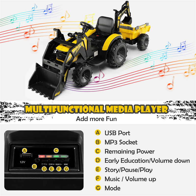 3-in-1 Kids Electric Ride-on Tractor Excavator Bulldozer 12V Battery Powered Toy Car with 2 Driving Modes