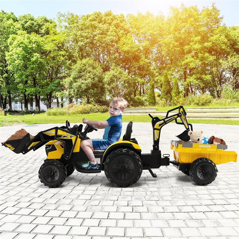 excavator cu pedale 3-in-1 Kids Electric Ride-on Tractor Excavator Bulldozer 12V Battery Powered Toy Car with 2 Driving Modes Yellow