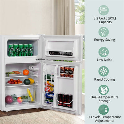 3.2 cu ft. Stainless Steel Compact Refrigerator 2-Door Mini Freezer Cooler Fridge with Removable Glass Shelves