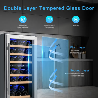 30-Bottle Freestanding Wine Cooler Refrigerator 15 Inch Dual Zone Beverage Fridge with Temperature Memory