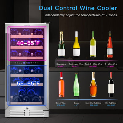 30-Bottle Freestanding Wine Cooler Refrigerator 15 Inch Dual Zone Beverage Fridge with Temperature Memory