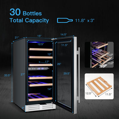 30-Bottle Freestanding Wine Cooler Refrigerator 15 Inch Dual Zone Beverage Fridge with Temperature Memory