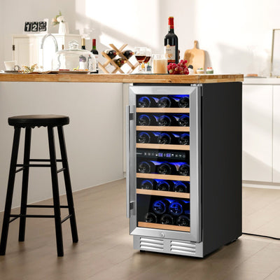30-Bottle Freestanding Wine Cooler Refrigerator 15 Inch Dual Zone Beverage Fridge with Temperature Memory