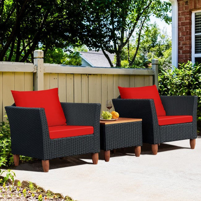 3 Pieces Outdoor Wicker Furniture Set Patio Conversation Sofa Set with Cushion and Table