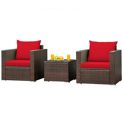 3 Pieces Patio Rattan Furniture Set Conversation Sofa Set with Cushion