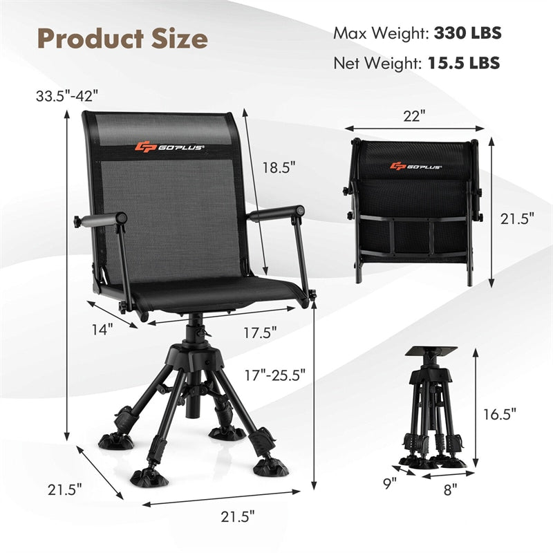 360° Swivel Hunting Blind Chair Adjustable Height Folding Chair with 4 Adjustable Legs & Armrests