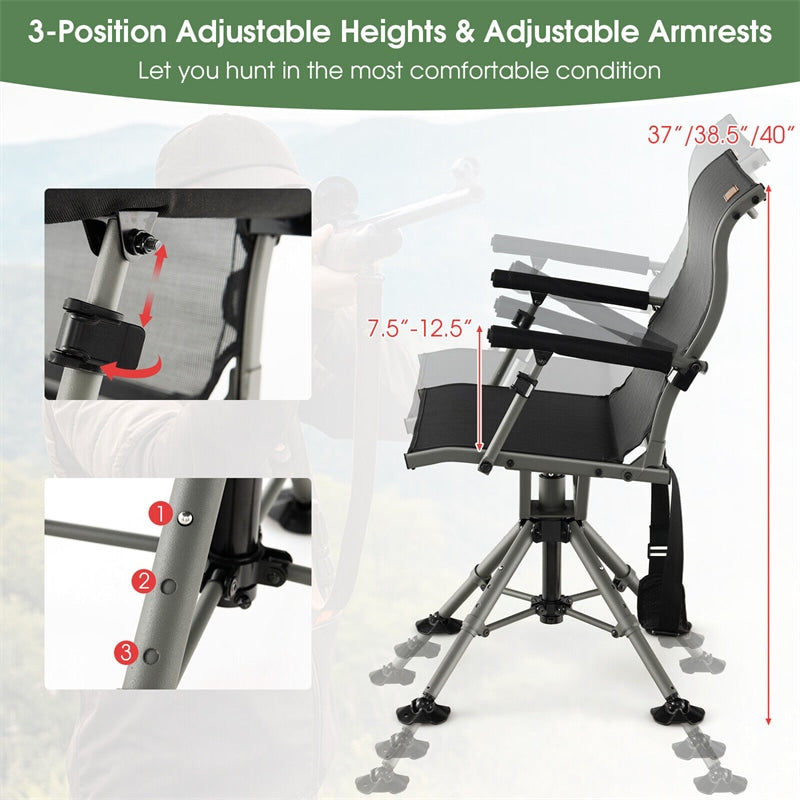 360° Silent Swivel Hunting Blind Chair Portable Folding Chairs with Adjustable Aluminum Legs &amp; Armrests