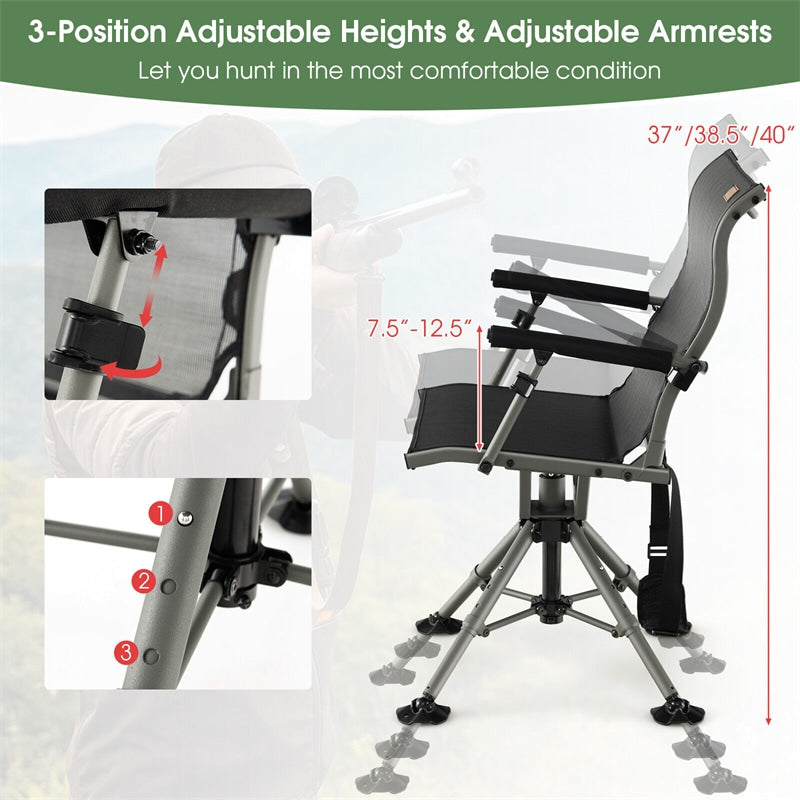 360° Silent Swivel Hunting Blind Chair Portable Folding Chairs with Adjustable Aluminum Legs & Armrests