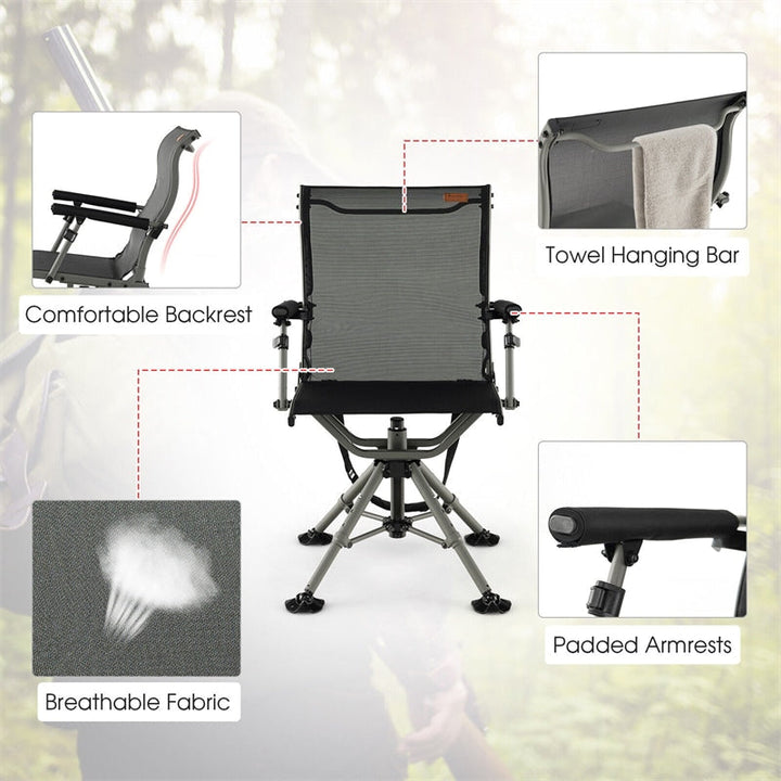360° Silent Swivel Hunting Blind Chair Portable Folding Chairs with Adjustable Aluminum Legs &amp; Armrests