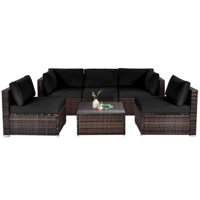 6 Pieces Outdoor Rattan Sectional Conversation Sofa Set Patio Furniture Set with Cushion and Table