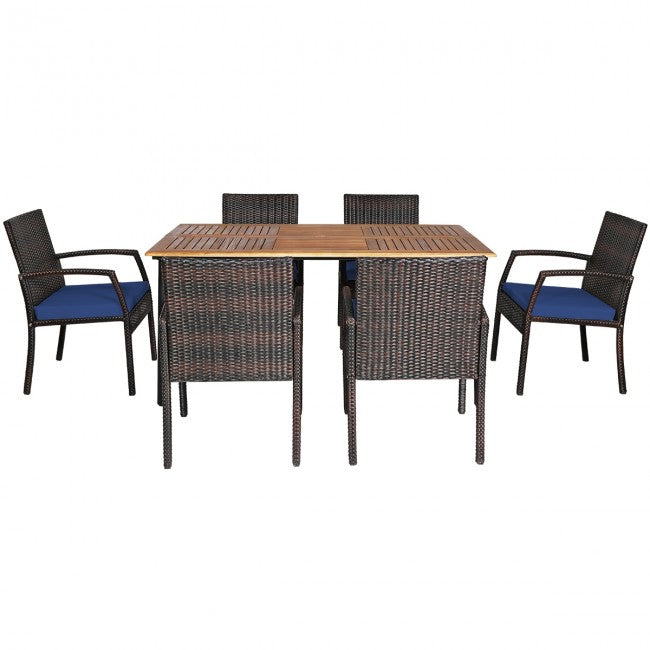 7 Pieces Outdoor Patio Rattan Dining Set Conversation Set with Soft Cushion and Umbrella Hole