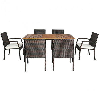 7 Pieces Outdoor Patio Rattan Dining Set Conversation Set with Soft Cushion and Umbrella Hole