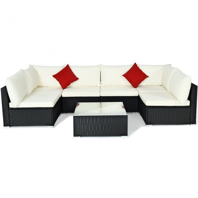 7 Pieces Outdoor Patio Rattan Furniture Set Wicker Sofa Sectional Conversation Set with Cushions and Tempered Glass Tea Table