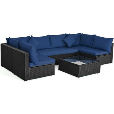 7 Pieces Outdoor Patio Rattan Furniture Set Wicker Sofa Sectional Conversation Set with Cushions and Tempered Glass Tea Table