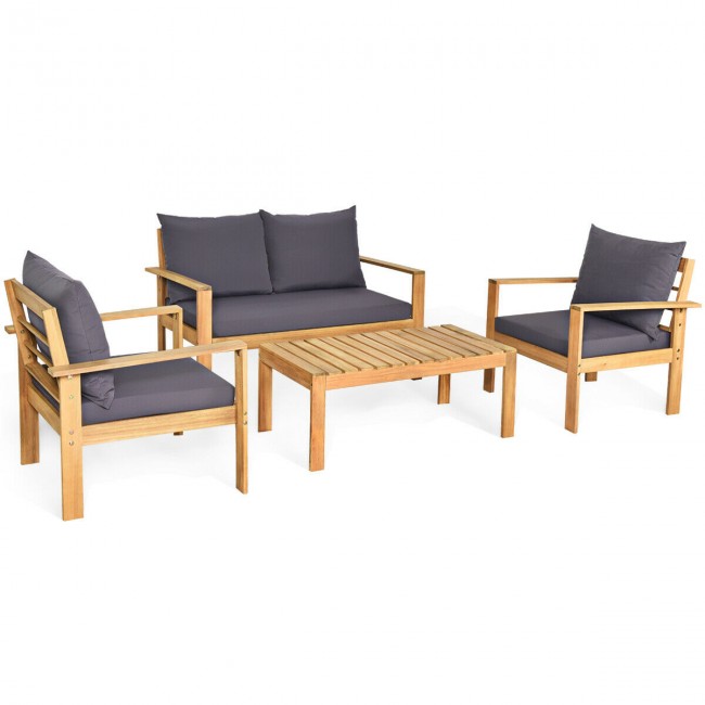 Outdoor 4 Pieces Acacia Wood Loveseat Chat Set Patio Furniture Conversation Sofa Set with Cushion and Coffee Table