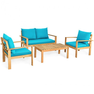 Outdoor 4 Pieces Acacia Wood Loveseat Chat Set Patio Furniture Conversation Sofa Set with Cushion and Coffee Table