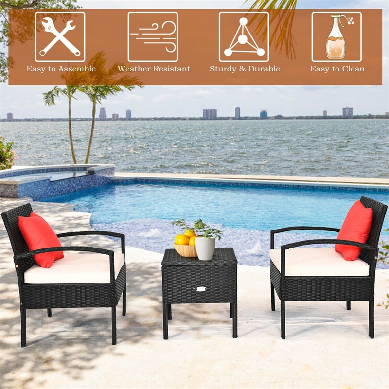 3PCS PE Rattan Wicker Patio Conversation Set with Removable Cushion and Coffee Table