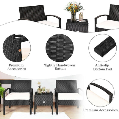 3PCS PE Rattan Wicker Patio Conversation Set with Removable Cushion and Coffee Table