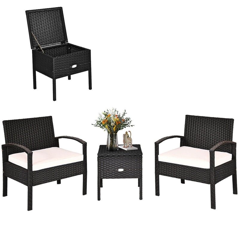 3PCS PE Rattan Wicker Patio Conversation Set with Removable Cushion and Coffee Table