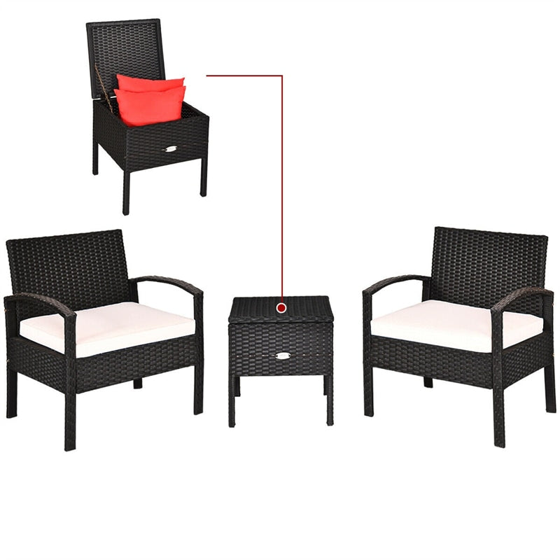 3PCS PE Rattan Wicker Patio Conversation Set with Removable Cushion and Coffee Table