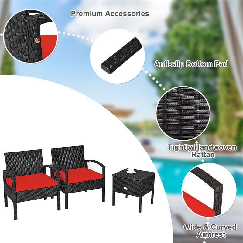 3PCS PE Rattan Wicker Patio Conversation Set with Removable Cushion and Coffee Table