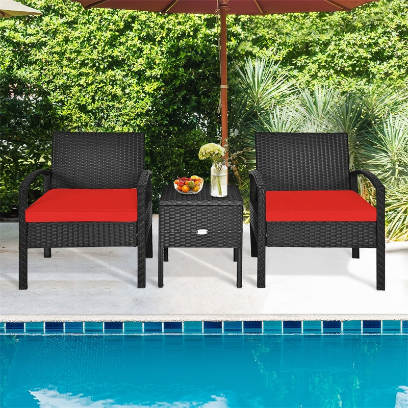 3PCS PE Rattan Wicker Patio Conversation Set with Removable Cushion and Coffee Table