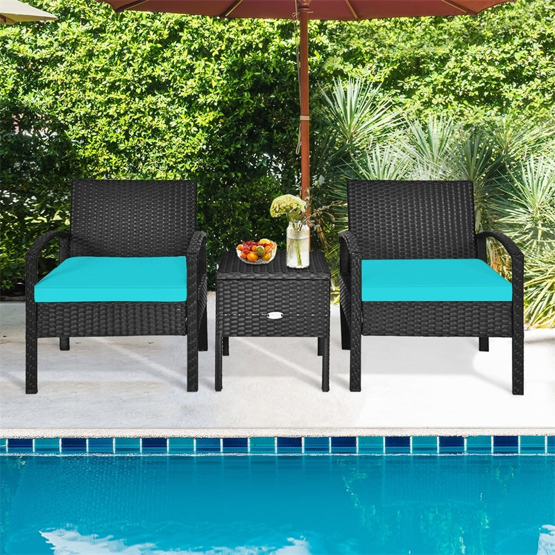 3PCS PE Rattan Wicker Patio Conversation Set with Removable Cushion and Coffee Table