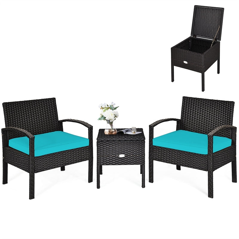 3PCS PE Rattan Wicker Patio Conversation Set with Removable Cushion and Coffee Table