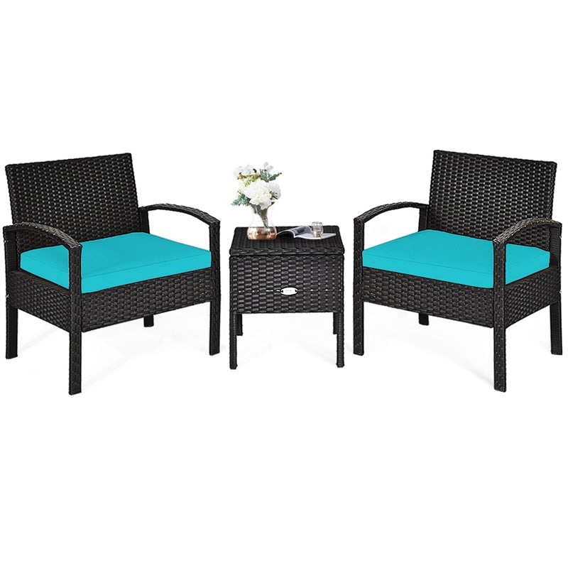 3PCS PE Rattan Wicker Patio Conversation Set with Removable Cushion and Coffee Table