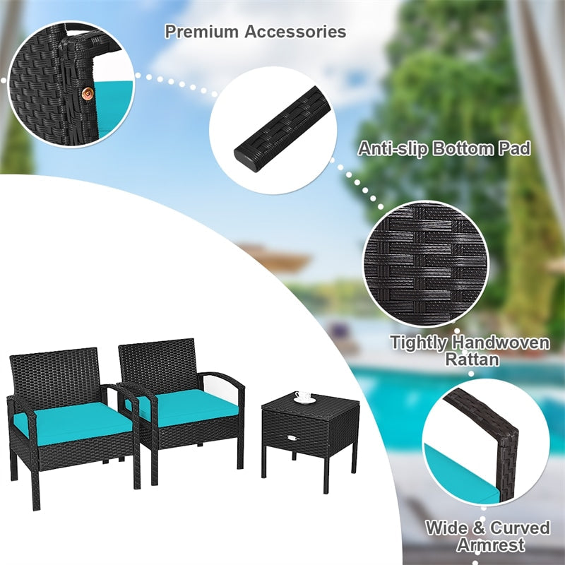 3PCS PE Rattan Wicker Patio Conversation Set with Removable Cushion and Coffee Table