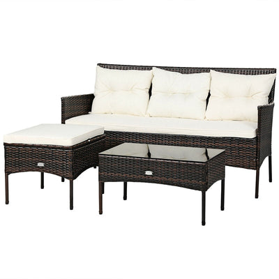 3 PCS Patio Rattan Conversation Set Outdoor Furniture Set with Cushions