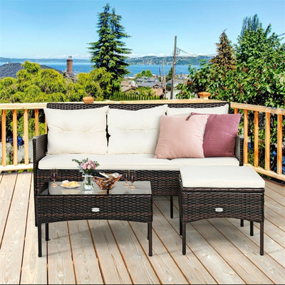 3 PCS Patio Rattan Conversation Set Outdoor Furniture Set with Cushions