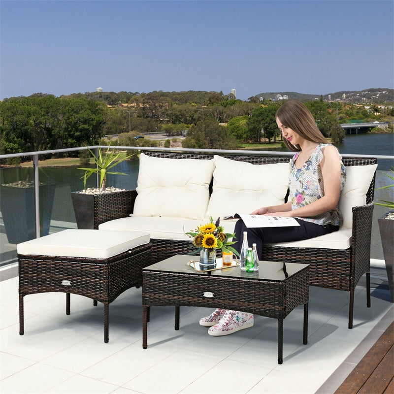 3 PCS Patio Rattan Conversation Set Outdoor Furniture Set with Cushions