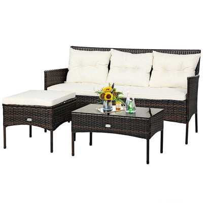 3 PCS Patio Rattan Conversation Set Outdoor Furniture Set with Cushions