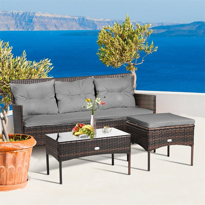 3 PCS Patio Rattan Conversation Set Outdoor Furniture Set with Cushions