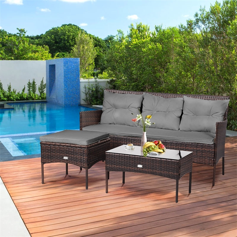 3 PCS Patio Rattan Conversation Set Outdoor Furniture Set with Cushions