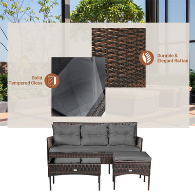 3 PCS Patio Rattan Conversation Set Outdoor Furniture Set with Cushions