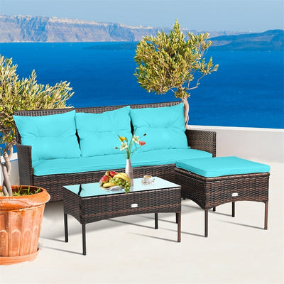 3 PCS Patio Rattan Conversation Set Outdoor Furniture Set with Cushions