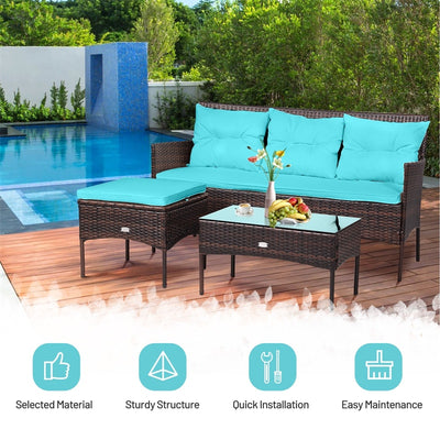 3 PCS Patio Rattan Conversation Set Outdoor Furniture Set with Cushions