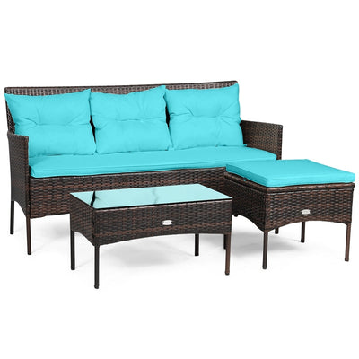 3 PCS Patio Rattan Conversation Set Outdoor Furniture Set with Cushions