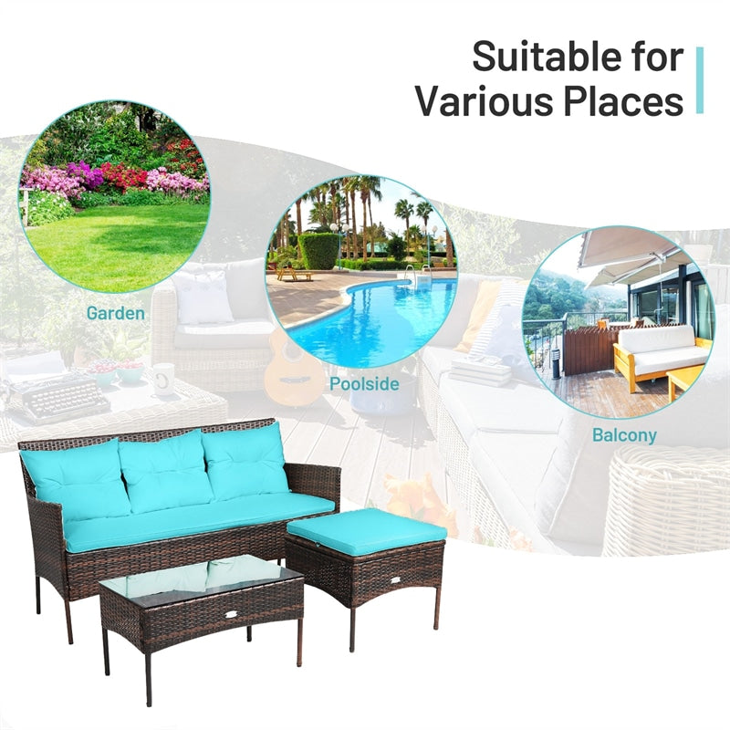 3 PCS Patio Rattan Conversation Set Outdoor Furniture Set with Cushions