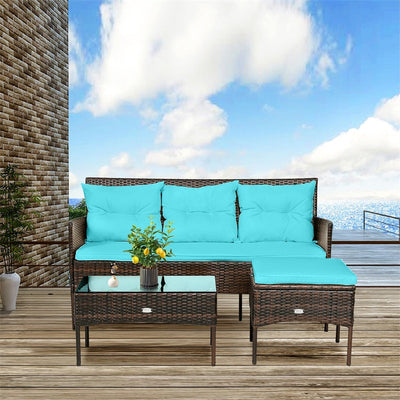 3 PCS Patio Rattan Conversation Set Outdoor Furniture Set with Cushions