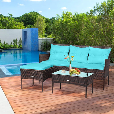 3 PCS Patio Rattan Conversation Set Outdoor Furniture Set with Cushions