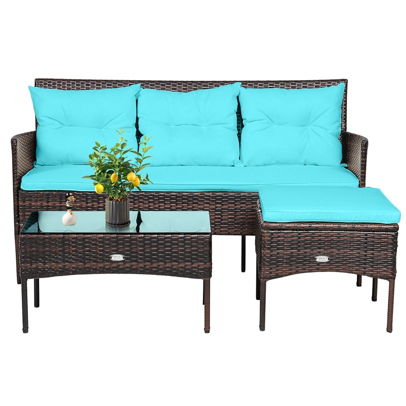 3 PCS Patio Rattan Conversation Set Outdoor Furniture Set with Cushions